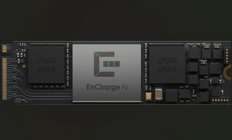 Close-up of an EnChargeAI solid-state drive (SSD) showcasing its components and LPDDR DRAM.