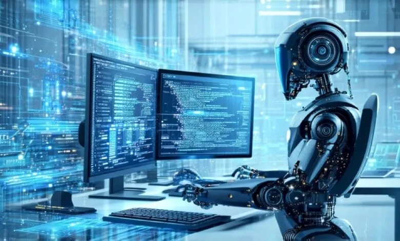 A robot sits at a desk, working on code displayed on dual monitors. Blue digital streams flow in the background.