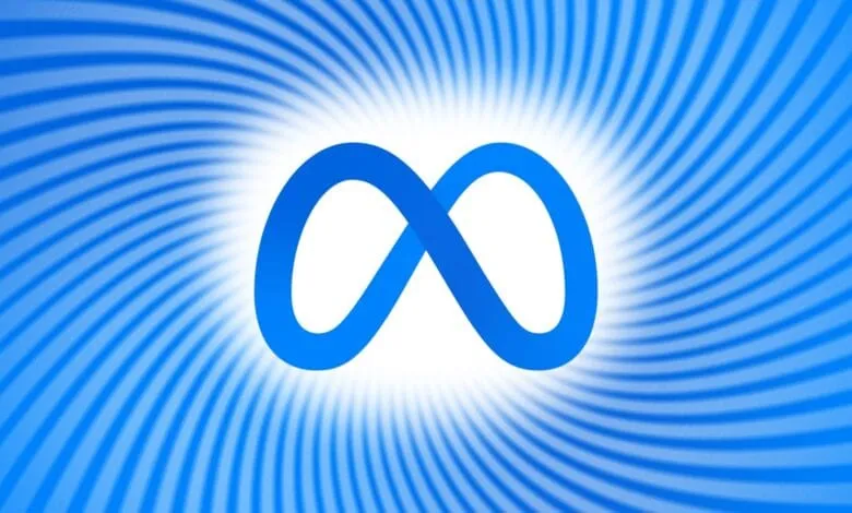 Meta's new logo: a vibrant blue infinity symbol against a swirling blue and white background.