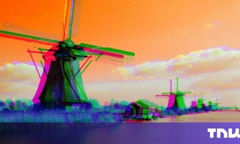 Psychedelic anaglyph image of Dutch windmills at sunset. Vivid orange sky, vibrant colors.