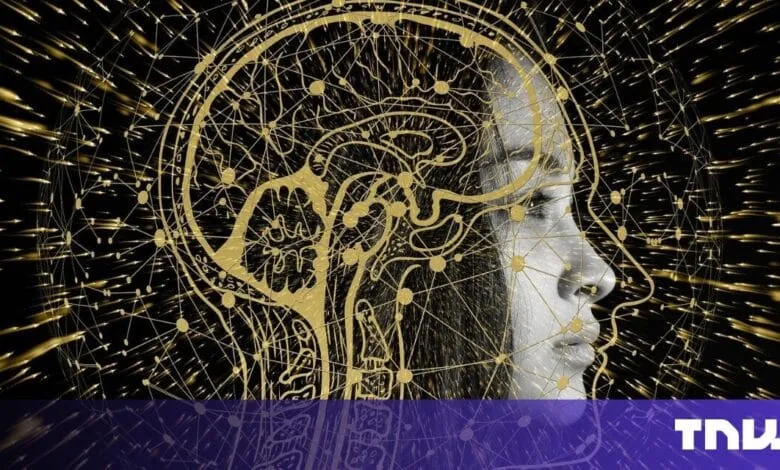 Woman's profile overlaid with a gold neural network; golden light streaks radiate outward.