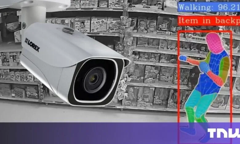 Security camera footage shows a person in a store, analyzed by AI highlighting body parts and indicating 96% probability of walking.