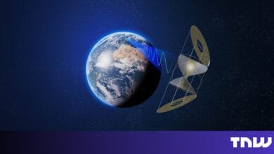 Illustration of a satellite transmitting data waves to Earth. A stylized satellite design orbits the planet against a dark space background.