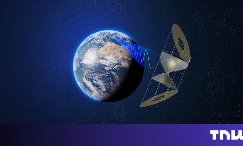 Illustration of a satellite transmitting data waves to Earth. A stylized satellite design orbits the planet against a dark space background.