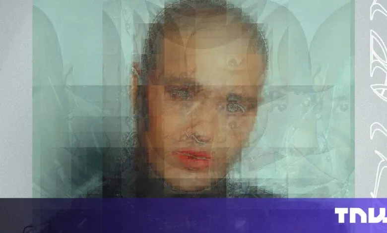 Fragmented portrait with pixelated effect in muted greens and blues, featuring a septum piercing.