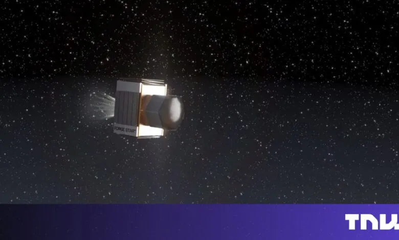 A small spacecraft, Forge Star, emits a plume of gas against a backdrop of stars.