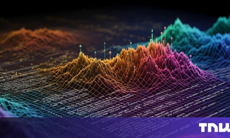 Abstract 3D data visualization: colorful peaks and valleys rise from a gridded surface of code, suggesting data analysis or software development.