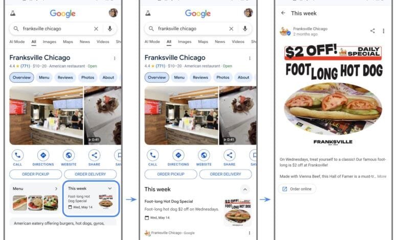 Google search results for Franksville Chicago show menu items, including a foot-long hot dog special for $2 off on Wednesdays.