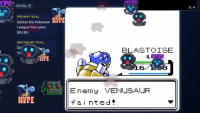 Pixel art Pokémon battle: Blastoise defeats Venusaur. Animated Hype emotes celebrate the victory.