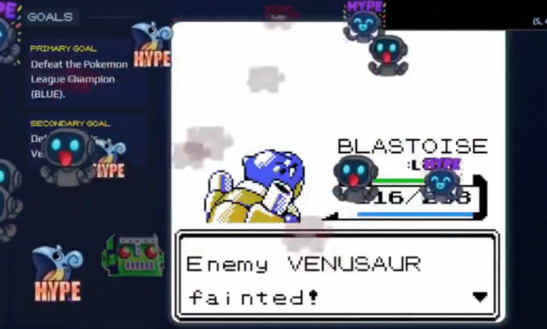 Pixel art Pokémon battle: Blastoise defeats Venusaur. Animated Hype emotes celebrate the victory.