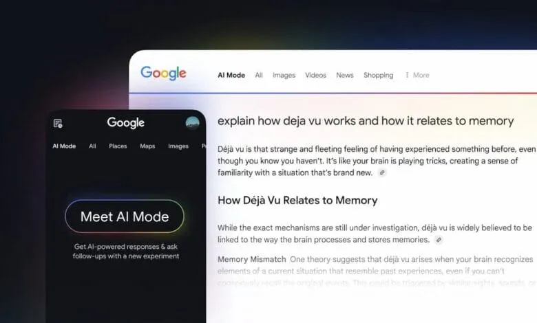 Google Search results page showcasing the new AI Mode. A phone displays the AI Mode interface with a button to 'Meet AI Mode'.