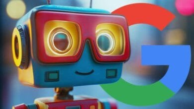Friendly retro robot with large red glasses, partially obscured by the Google logo. Vibrant colors and playful design.