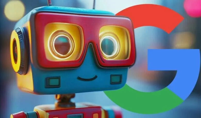 Friendly retro robot with large red glasses, partially obscured by the Google logo. Vibrant colors and playful design.