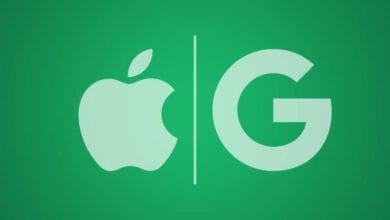 Apple and Google logos, side-by-side on a green background, separated by a thin line.