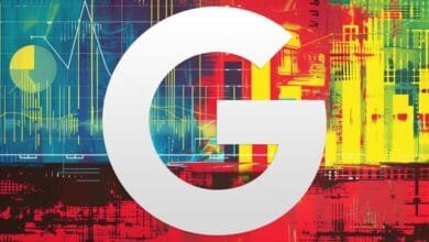 Google's logo in white, overlaid on an abstract background of vibrant charts and data visualizations in red, yellow, and blue.