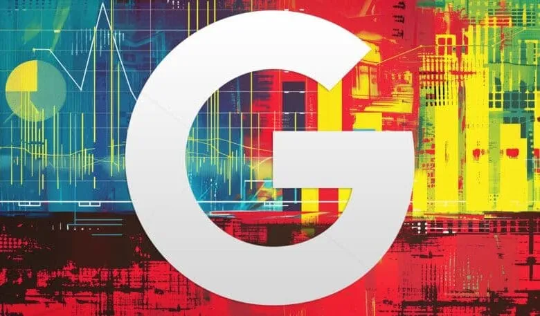 Google's logo in white, overlaid on an abstract background of vibrant charts and data visualizations in red, yellow, and blue.