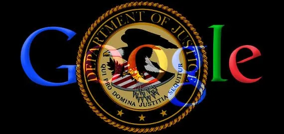 Google logo superimposed on the Department of Justice seal, symbolizing legal conflict.