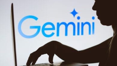 Silhouette of a person using a laptop displaying the bright blue Google Gemini logo.