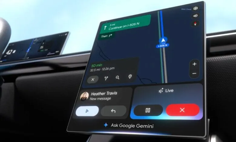 Google Gemini's Android Auto interface displays navigation, a new message from Heather Travis, and a prompt to 'Ask Google Gemini'.