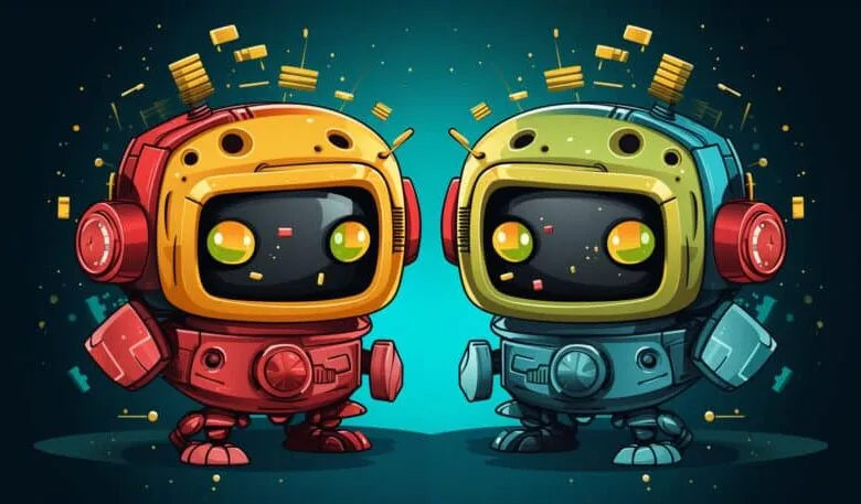 Two cute retro robots face each other, one red and yellow, the other teal and green, against a dark teal background.
