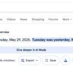 Google Search Labs AI answers the question, 'Is it Tuesday?', stating it's Wednesday, May 29, 2025.