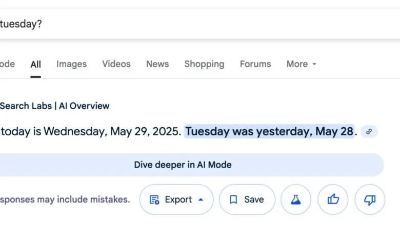 Google Search Labs AI answers the question, 'Is it Tuesday?', stating it's Wednesday, May 29, 2025.