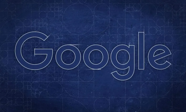 Google logo styled as a blueprint on a dark blue background with geometric patterns.