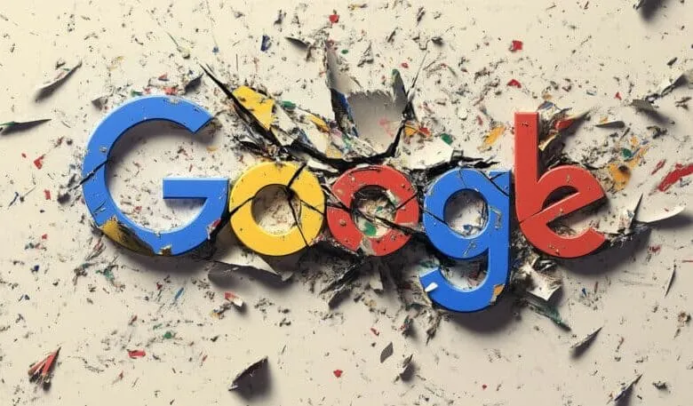 Shattered Google logo in vibrant colors, surrounded by colorful debris on a beige background.