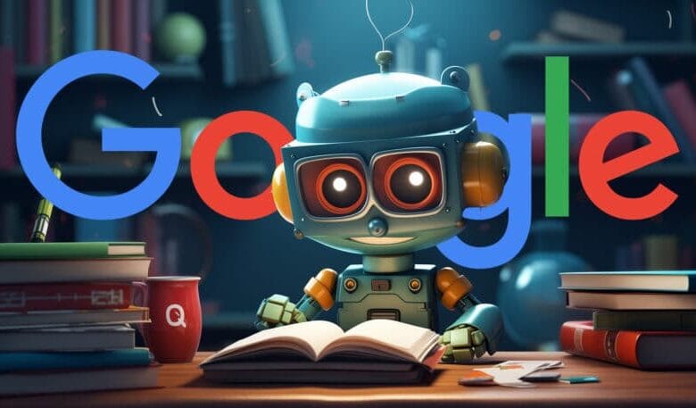 A friendly teal and orange robot sits at a desk, engrossed in reading a book. The Google logo is in the background.