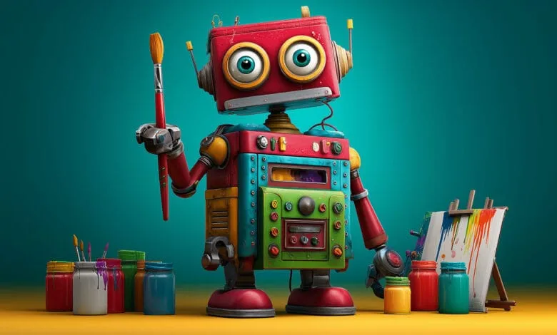 A colorful vintage robot artist holds a paintbrush, standing before an easel with a painted canvas and jars of paint.