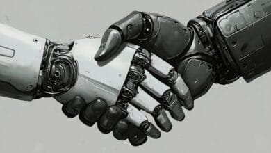 Two robotic arms clasp hands in a handshake, one silver, one dark gray, detailed mechanical design.