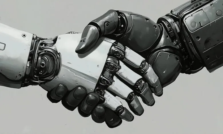 Two robotic arms clasp hands in a handshake, one silver, one dark gray, detailed mechanical design.