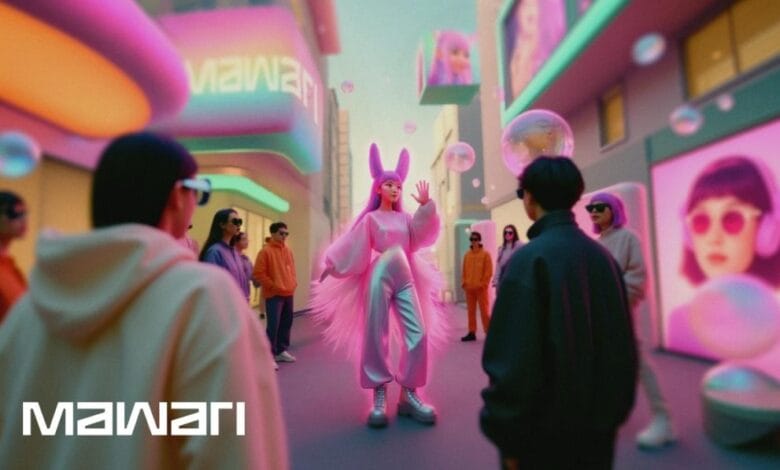 A pink-clad figure with bunny ears stands in a vibrant, futuristic city, surrounded by people in trendy clothes. Bubbles float in the air.