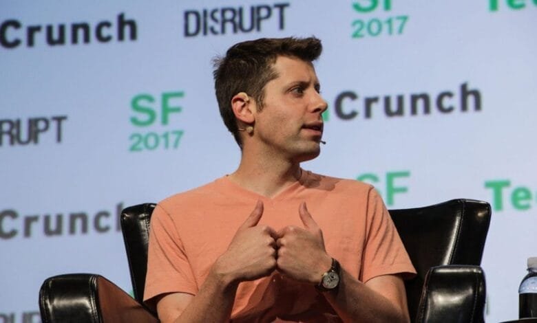 Sam Altman, CEO of OPENAI, on stage in a conference, Disrupt by TechCrunch
