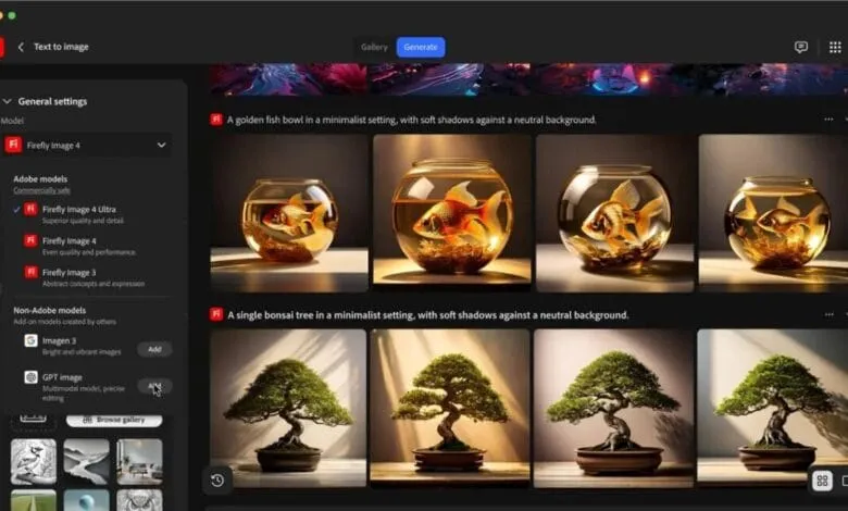 AI-generated images of goldfish in minimalist bowls and bonsai trees.