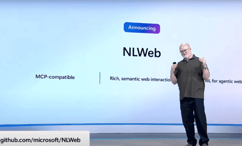 A man presents NLWeb, a rich, semantic web interaction, at a tech conference. The slide shows it's MCP-compatible and uses ML for the agentic web.