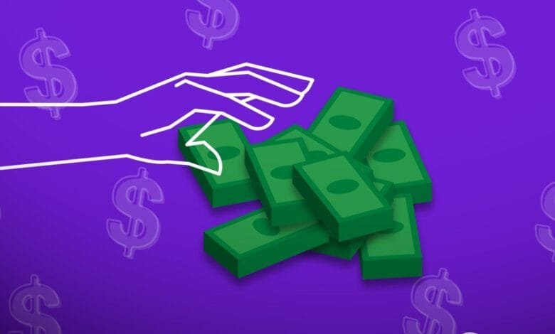 A white hand reaches for a stack of green money bills on a purple background with dollar signs.