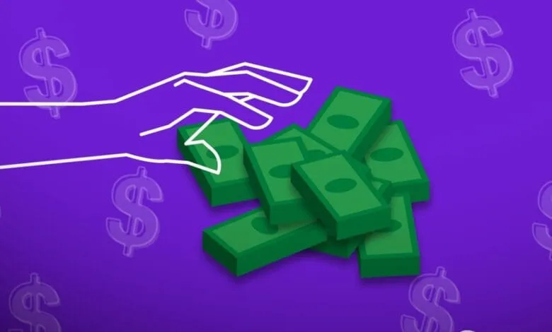 A white hand reaches for a stack of green money bills on a purple background with dollar signs.