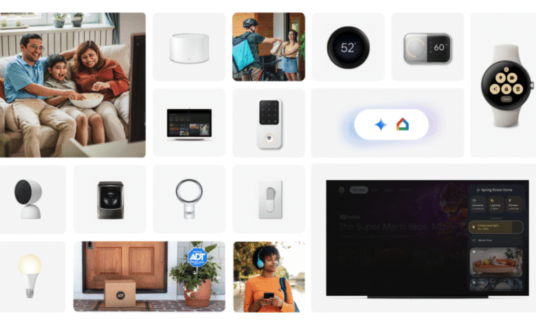 Google smart home collage: family watching a movie, smart devices (speakers, cameras, lights, thermostat, watch), and home screen showing movie playback.