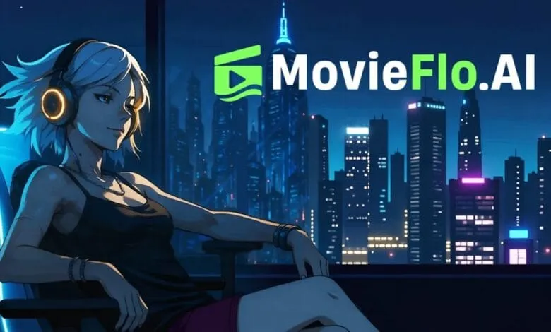 Anime woman with headphones sits relaxed, overlooking a futuristic cityscape at night. MovieFlo.AI logo is prominent.