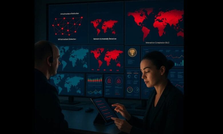 Two cybersecurity professionals analyze data on multiple screens displaying world maps and network graphs, highlighting global threat detection.