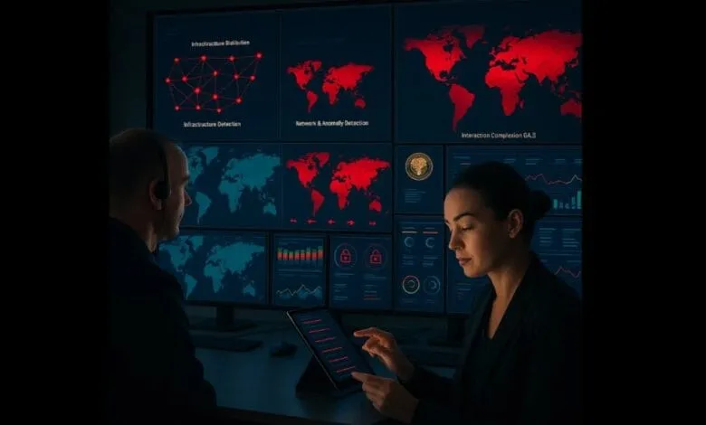 Two cybersecurity professionals analyze data on multiple screens displaying world maps and network graphs, highlighting global threat detection.