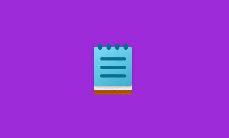 Simple illustration of a light blue notepad with three lines of text and brown binding against a purple background.