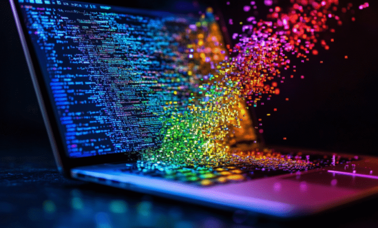 Laptop screen displays colorful code; vibrant particles spill from the screen.