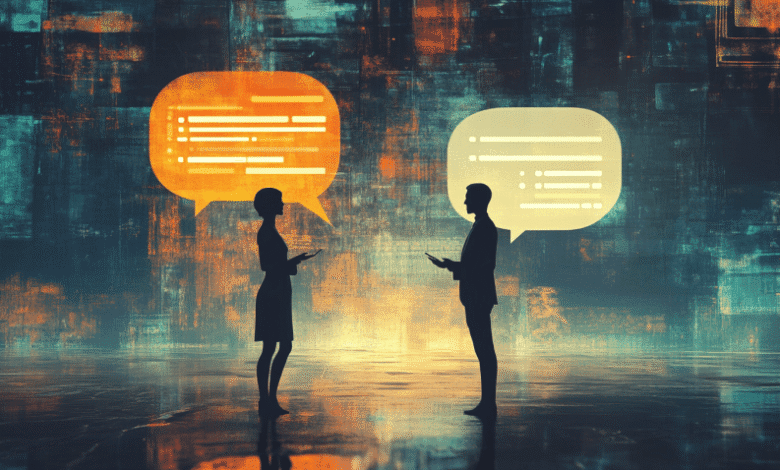 Silhouetted figures converse, speech bubbles with code-like text above each. Dark, textured background.