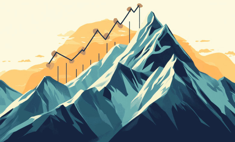 Abstract vector art of a mountain range with a superimposed upward trending graph, symbolizing growth and achievement.