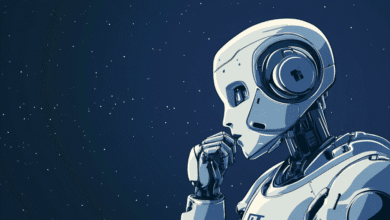A thoughtful robot, rendered in shades of blue and white, contemplates against a starry night sky.