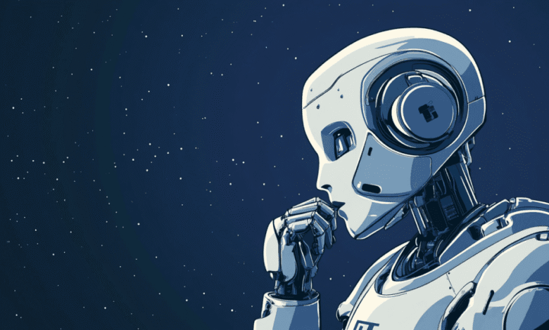 A thoughtful robot, rendered in shades of blue and white, contemplates against a starry night sky.