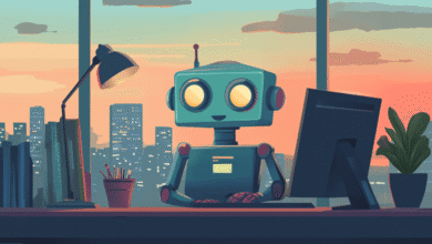 Friendly robot sits at a desk in a modern office, working on a computer at sunset.