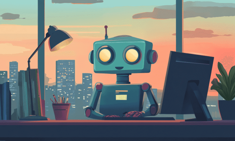 Friendly robot sits at a desk in a modern office, working on a computer at sunset.